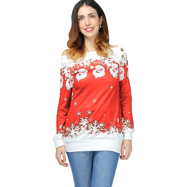 Off-shoulder tyk sweater med julemønster - Str. S, Rød