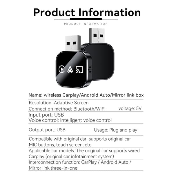 Q1AS Langaton CarPlay/Android Auto/Mirror Link -sovitin - 3-in-1 Carplay-laatikko