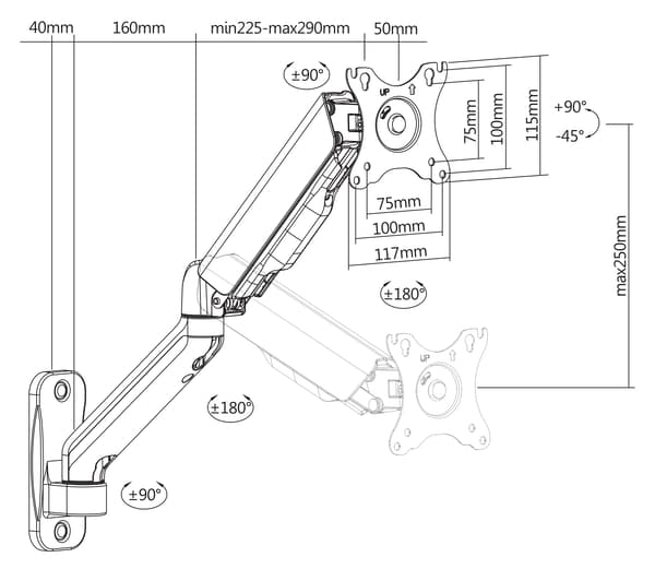Single wall gas spring, 17"-32", 2-9kg