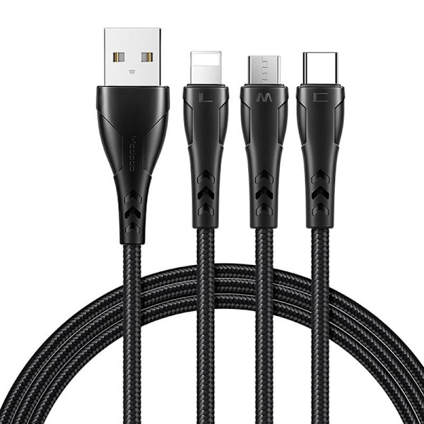 3-i-1 USB til USB-C / Lightning / Micro USB-kabel, Mcdodo CA-6960, 1,2 m (sort)