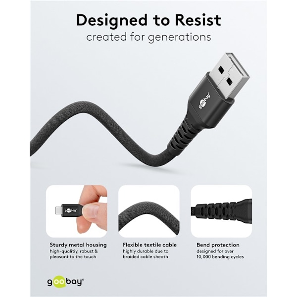 Lightning-USB-A supersoft textilkabel med metallkontakter, 1 m, svart