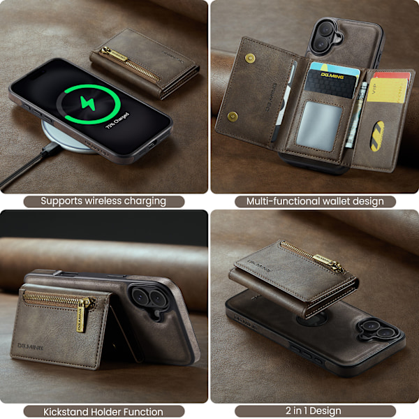 2-in-1 magneettinen puhelinkotelo iPhone 16 Prolle - Kahvi