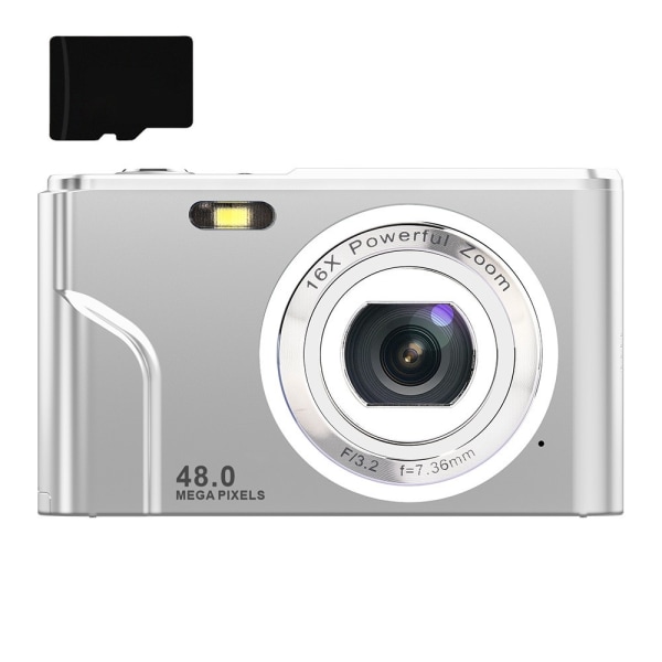 INF Digitalkamera med 48 MP, HD 1080p, 16x zoom, 32GB minneskort Silver