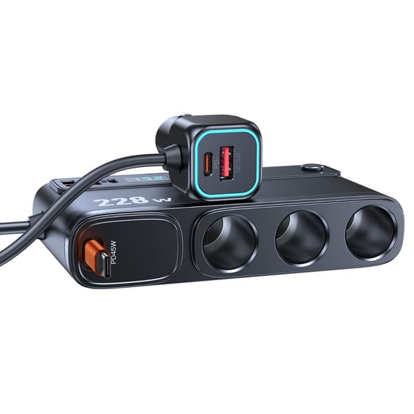 3-stik biloplader til cigarettænder med PD45W, QC3.0 18W, dobbelte USB og Type-C, rullekabel, digitalt voltmeter, 228W samlet effekt