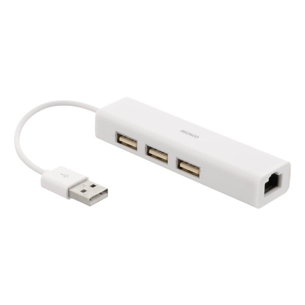 USB 2.0 network adapter with USB hub, 100Mbps, 3xUSB, white