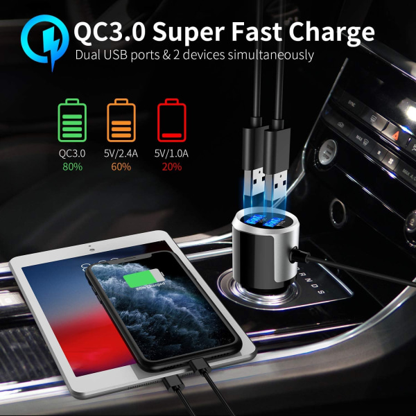 Trådlös FM-sändare för bilen, Bluetooth 5.0 QC3 - Svart