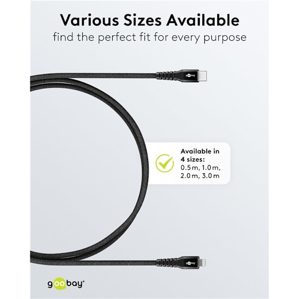 Lightning-USB-C™ supersoft textilkabel med metallkontakter, 0,5 m, svart