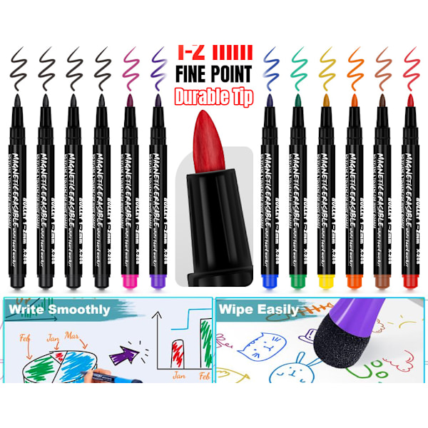 Livfulla whiteboardmarkörer set - 12 färger med sudd
