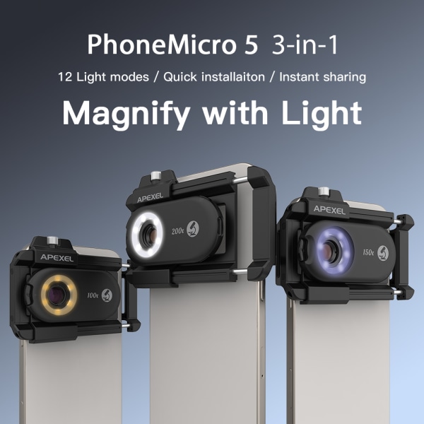 3-i-1 Clip-on telefonmikroskoplins med LED-ljus