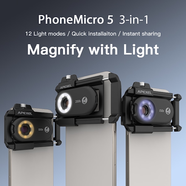 3-i-1 clip-on telefonmikroskoplinse med LED-lys