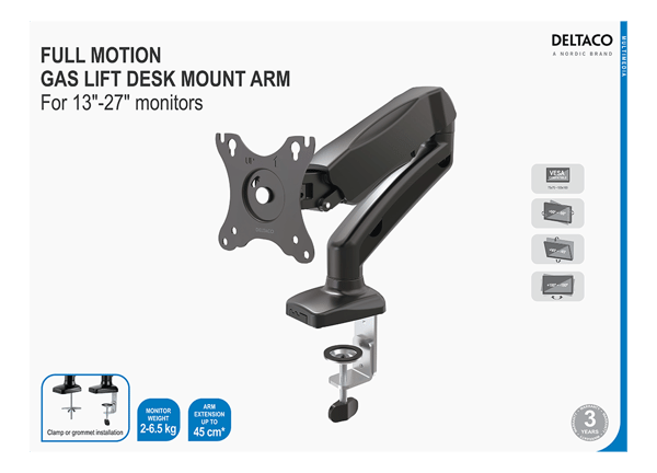 Monitor desk mount 13-32", gas operated, VESA, three axis