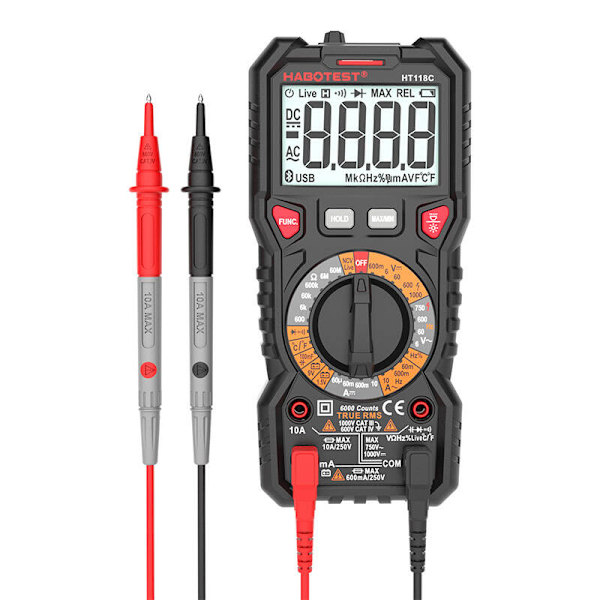 Digital multimeter med ficklampa Habotest HT118C, True RMS, NCV, batteritestning