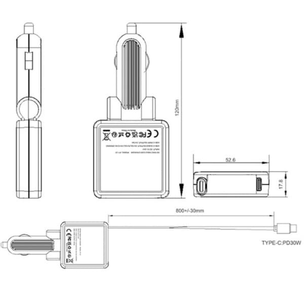 PD30W biloplader med udtrækkeligt kabel til 12v-24v biler og lastbiler, op til 45w, USB-C, grå
