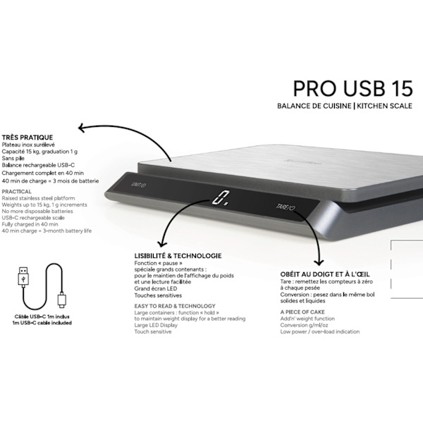 Köksvåg PRO USB-C 15kg Rostfritt IP67