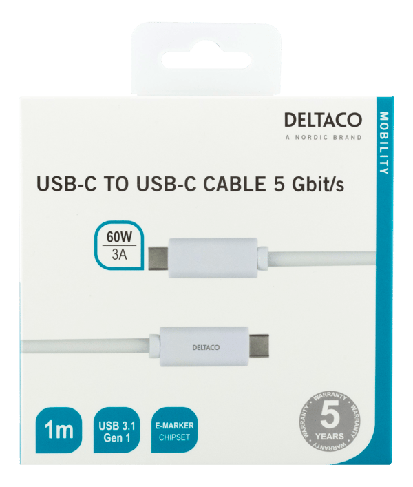 USB-C to USB-C cable, 1m, USB 3.2 Gen 1, E-Marker, white