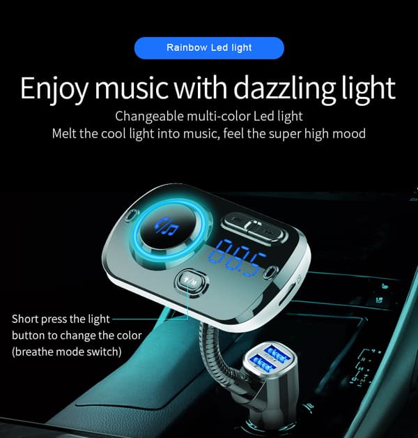 INF Trådløs FM-sender til bilen LED 7 farver QC3.0 hurtigoplader