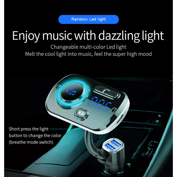 Trådlös FM-sändare för bilen LED 7 färger QC3.0 snabbladdare