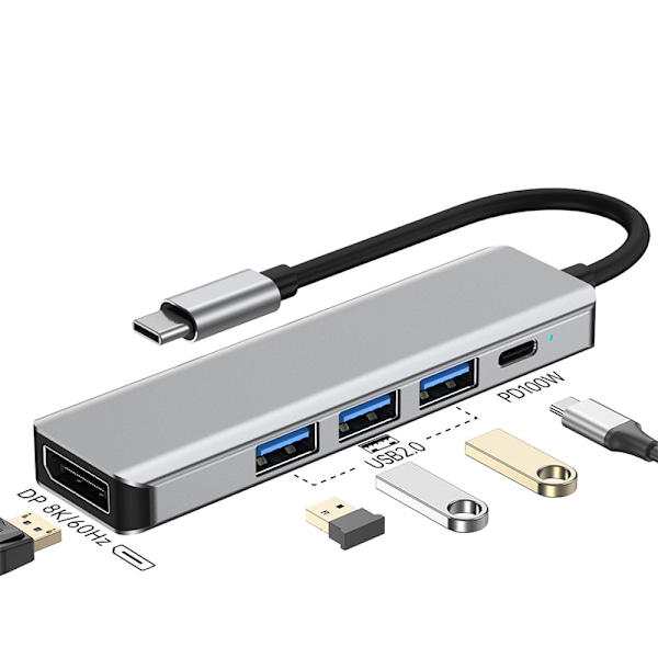 5-in-1 USB-C Hubi: 8K60Hz DisplayPort & 100W Virransyöttö