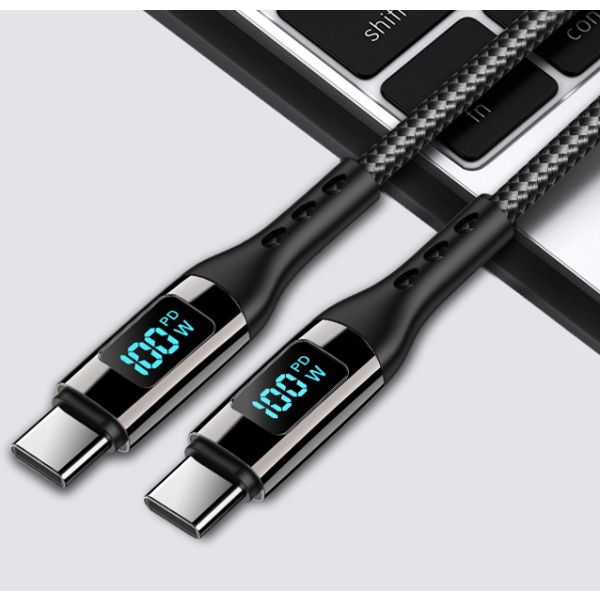 2-pack PD100W flätad datakabel typ-C till typ-C digital display Svart 1M