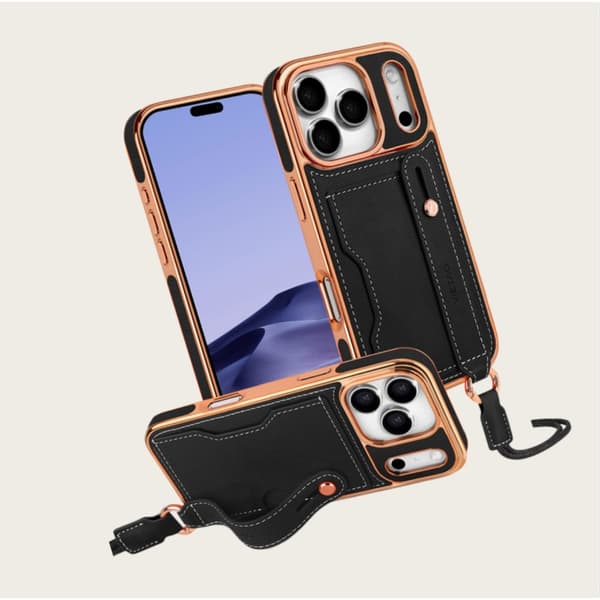 iPhone 17 Pro Max kompatibelt kortfackskal med stötabsorption, axelrem, handledsrem och ställ - PU+TPU skydd
