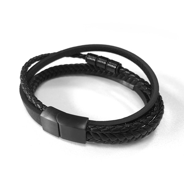 Flerlagers Vävt Läderarmband med Spänne i Rostfritt Stål 19 cm