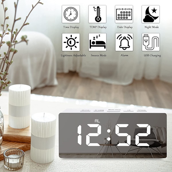 INF Digitaalinen LED-herätyskello peilipinnalla Valkoinen