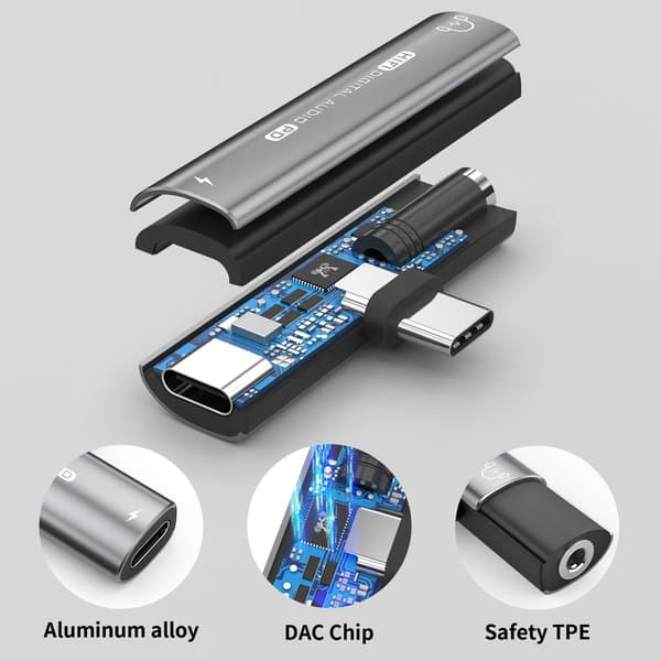 USB-C - 3,5 mm sovitin kuulokkeille, laturilla Grey Grey