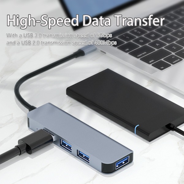 Dobbelt USB-C og USB-A Hub med 1 USB3.0-port og 3 USB2.0-porte