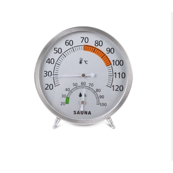 Sauna termometer Celsius - mekanisk batterifrit til saunaer og damprum, rustfrit stål, klar visning, 30cm x 30cm, nem montering