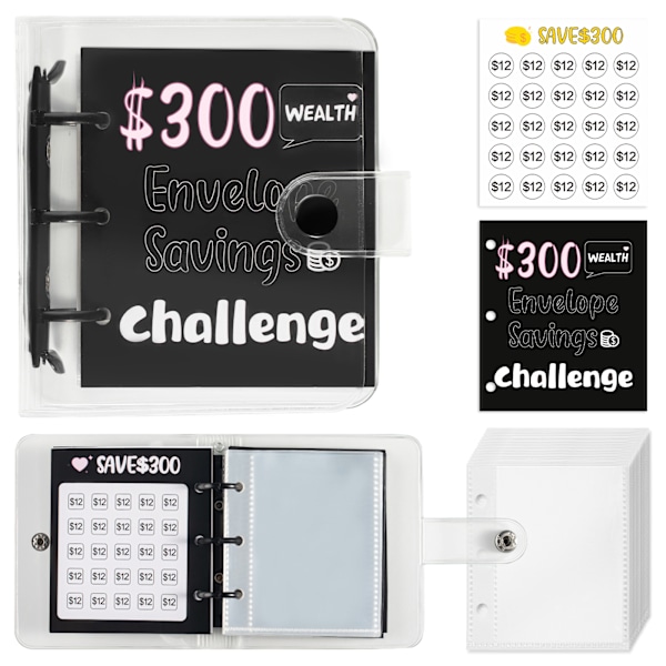 Money Saving Challenge Binder - Mini Cash Envelope System - 300 dollarin tavoite Musta