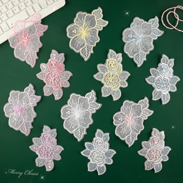 12-delade spetsblomma applikationer broderade lappar för DIY-hantverk
