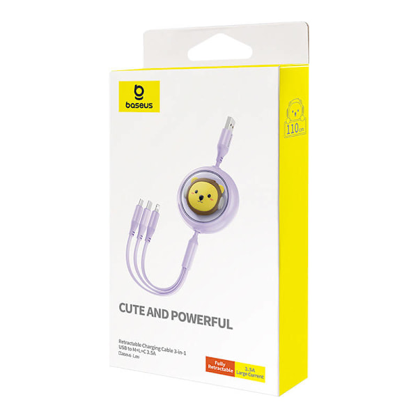 Ladekabel 3w1 Baseus USB til USB-C, USB-M, Lightning 3,5A, 1,1m (lilla)