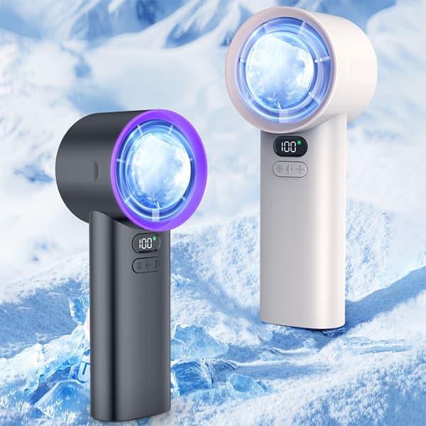 Bærbar hvid køleventilator med iskompresfunktion, 100-trins justering og LED-display