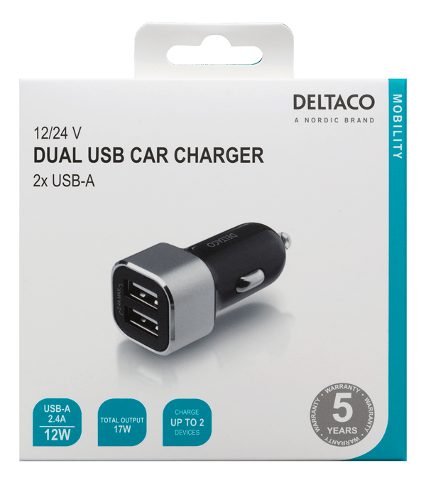 Biloplader med to USB-A porte, 17 W, sort/sølv