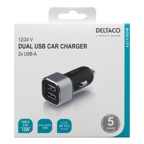 USB car charger, 2x USB-A, 2.4 A, total 17 W, black/silver