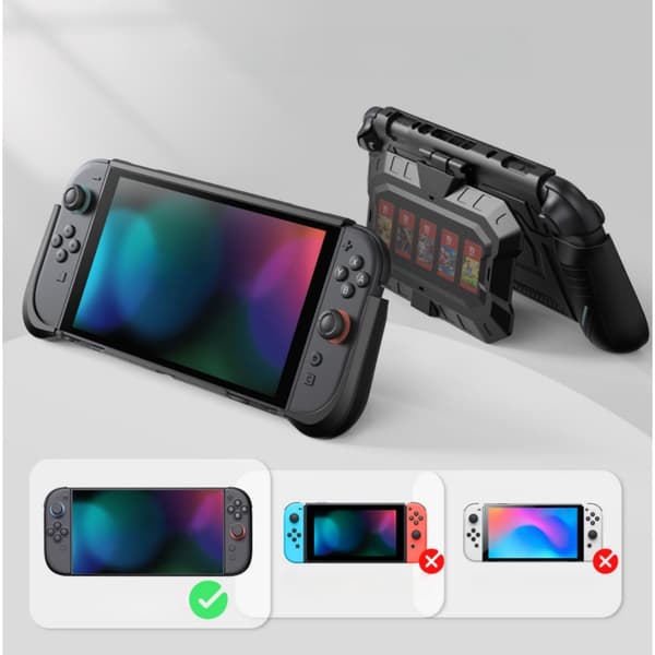 Switch2 Skyddsfodral - Svart Mecha-stil med Fällbart Ställ och Spelkortsförvaring
