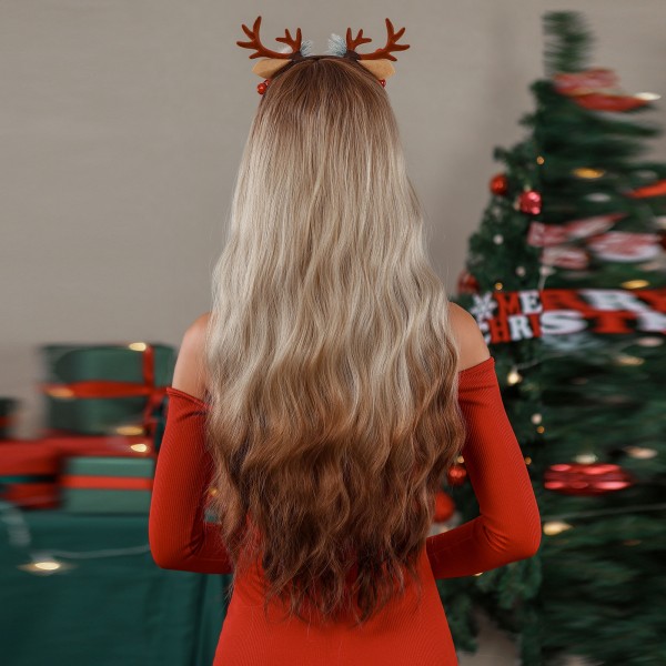 Jul vågigt långt lockigt hår med lugg hår peruker Vitt guld