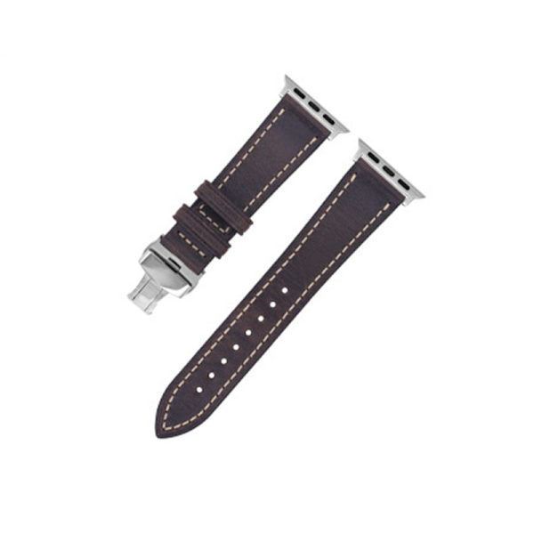 Äkta läderrem för Apple Watch med Silver Butterfly Spänne - (42/44/45/49 mm) kaffe