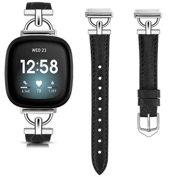 Armband i äkta läder för Fitbit Versa 4/3/Sense - Svart