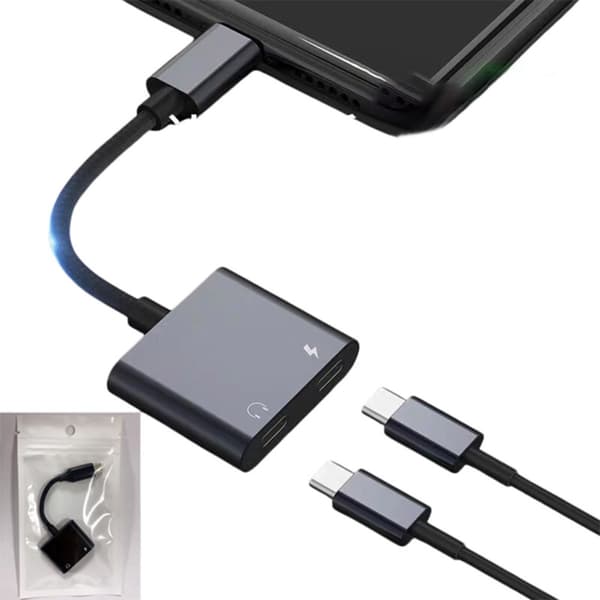 Type-C til USB-C PD60W adapterkabel - PD60W opladning og DAC-lyd til bærbar og telefon - ABS+TPE, grå, 2-i-1