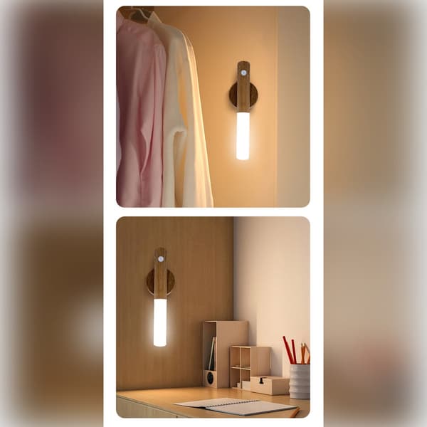 Magnetisk vägglampa med rörelsesensor, mörk träådring, tre ljusfärger och uppladdningsbart 300 mAh-batteri