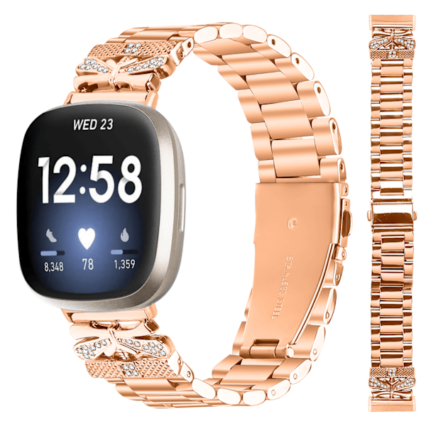 Glittrande fjärilsarmband för Fitbit Versa 3/4 med tre strass Rose guld
