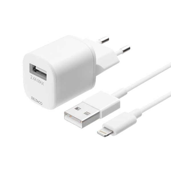 USB-vægoplader, USB-A, 2,4 A, inkl. 1 m USB-A til Lightning