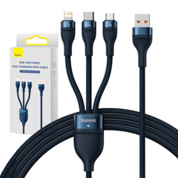 3-i-1 USB-kabel Baseus USB 3-i-1 Baseus Flash-serie, USB-C + Micro + Lightning 66W, 1,2 m (blå)