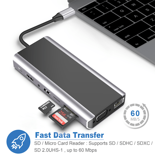 15-in-1 USB-C Hub -monitoimiadapteri HDMI:llä, VGA:lla, Ethernetillä ja SD/TF-kortinlukijalla