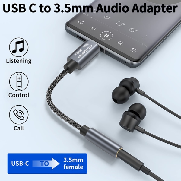 INF 32 bit / 384 kHz USB-C - 3,5 mm äänisovitinkaapeli DAC-sovitin Harmaa