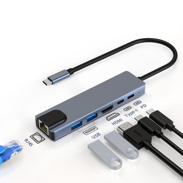 INF USB-C multiportadapter USB-A, USB-C, HDMI, RJ45 Grå
