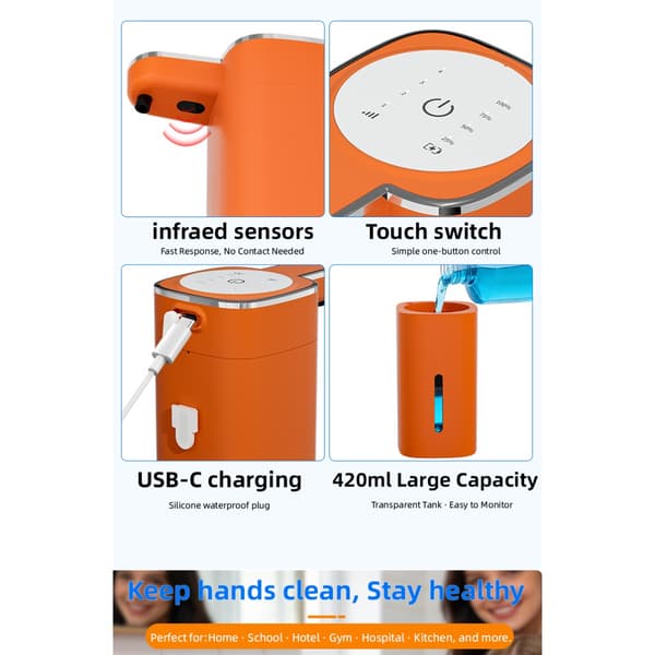 M20 touchfri sæbedispenser – automatisk håndsæbe til køkken og badeværelse med 0,3s sensor, LED-display, USB genopladelig, multifunktions væskestøtte Orange