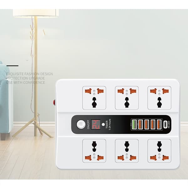 Universal strømskinne med 6 stik, PD20W & QC3.0, og 1-24 timers timer White White