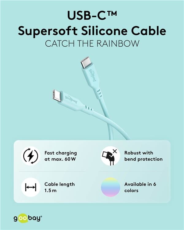 USB-C™-silikonikaapeli, 1,5 m, turkoosi